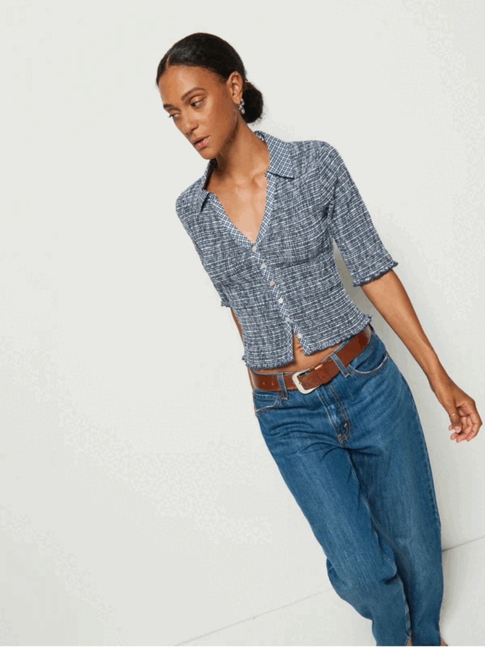Women's Blue Peggy Nation Smocked Button-Front Top picnic check